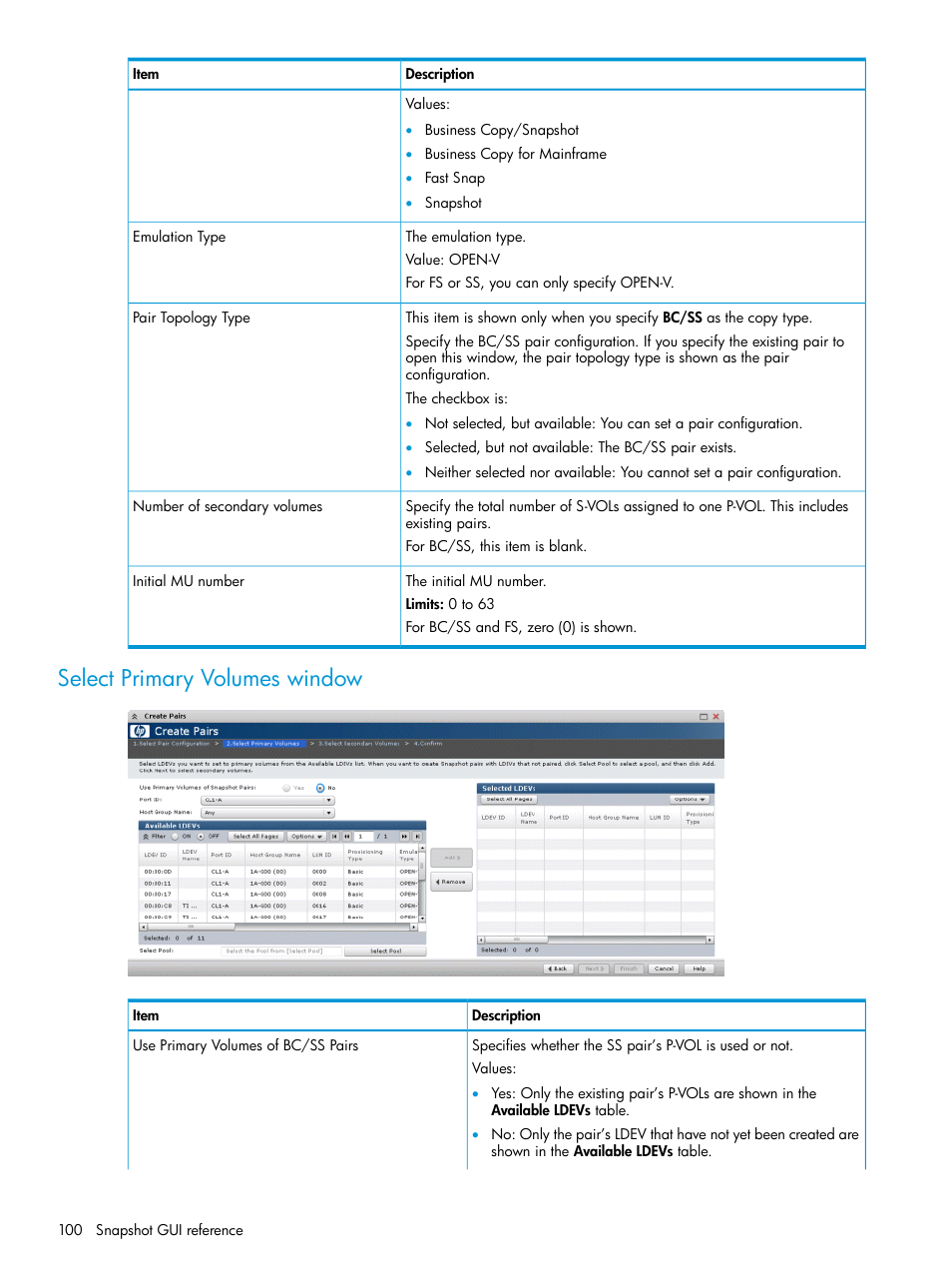 Select primary volumes window | HP XP RAID Manager Software User Manual | Page 100 / 129