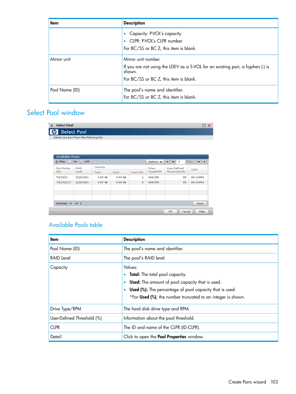 Select pool window, Available pools table | HP XP RAID Manager Software User Manual | Page 103 / 129