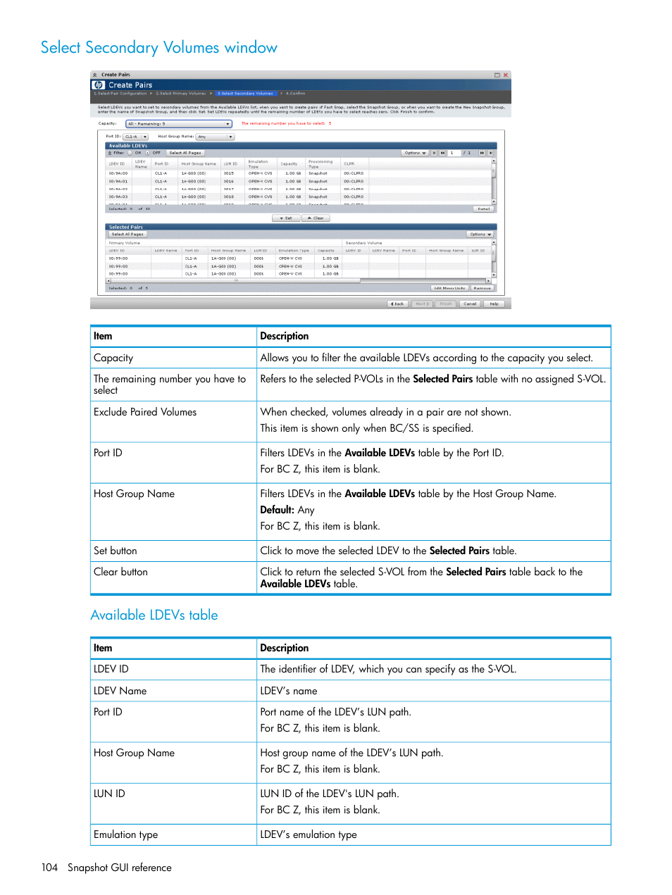 Select secondary volumes window, Available ldevs table | HP XP RAID Manager Software User Manual | Page 104 / 129
