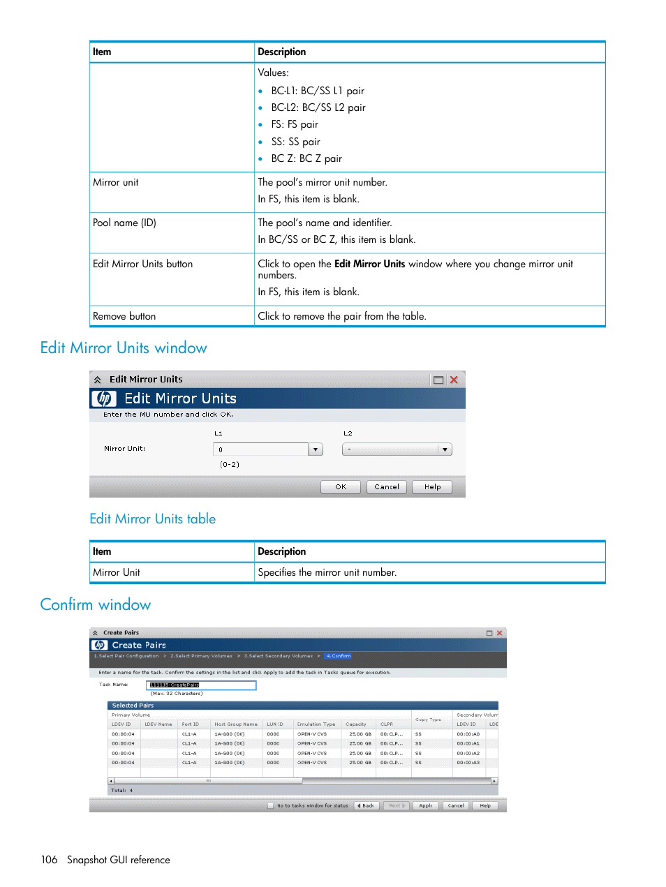 Edit mirror units window, Confirm window, Edit mirror units window confirm window | Edit mirror units table | HP XP RAID Manager Software User Manual | Page 106 / 129