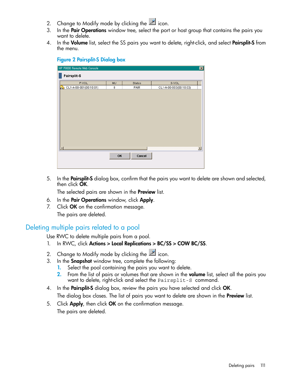 Deleting multiple pairs related to a pool | HP XP RAID Manager Software User Manual | Page 111 / 129