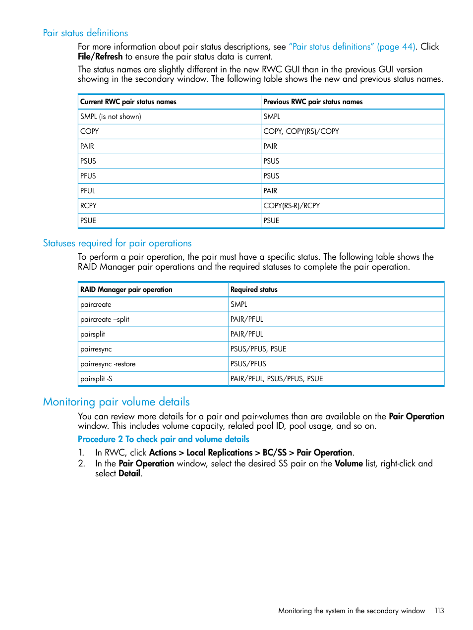 Pair status definitions, Statuses required for pair operations, Monitoring pair volume details | HP XP RAID Manager Software User Manual | Page 113 / 129