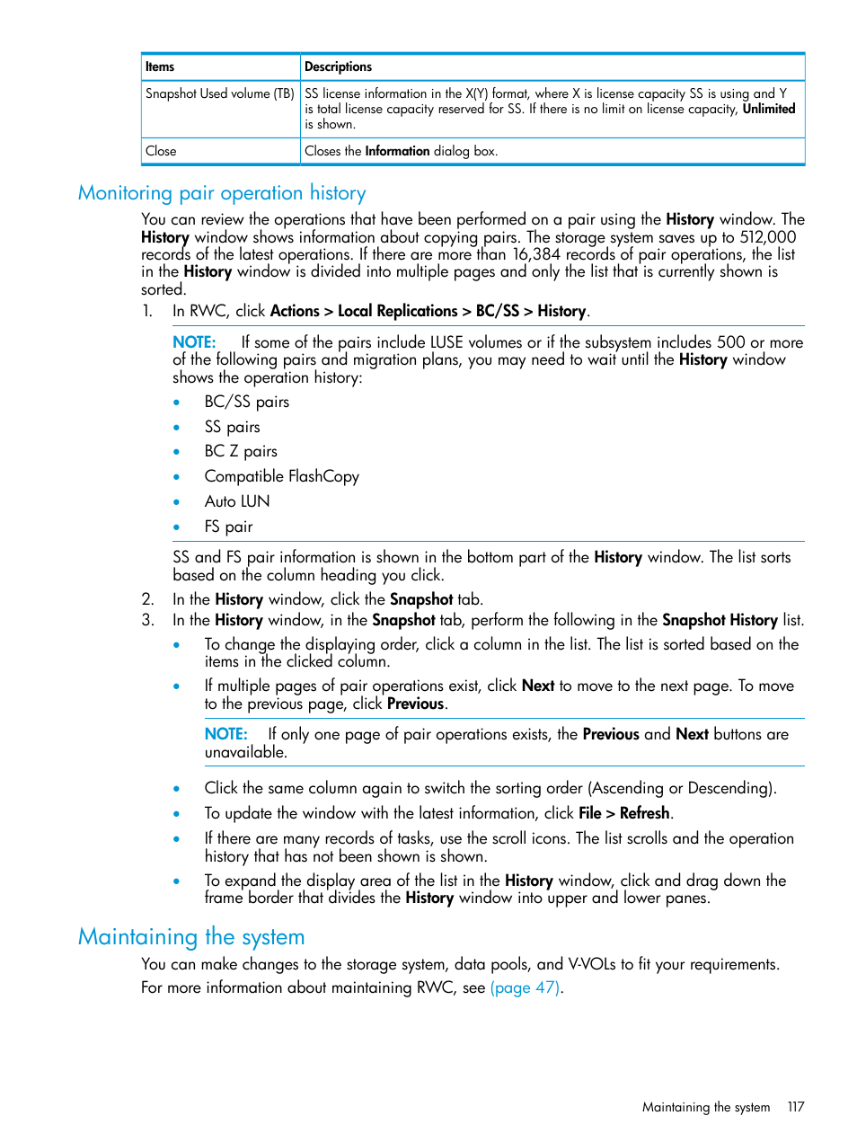 Monitoring pair operation history, Maintaining the system | HP XP RAID Manager Software User Manual | Page 117 / 129