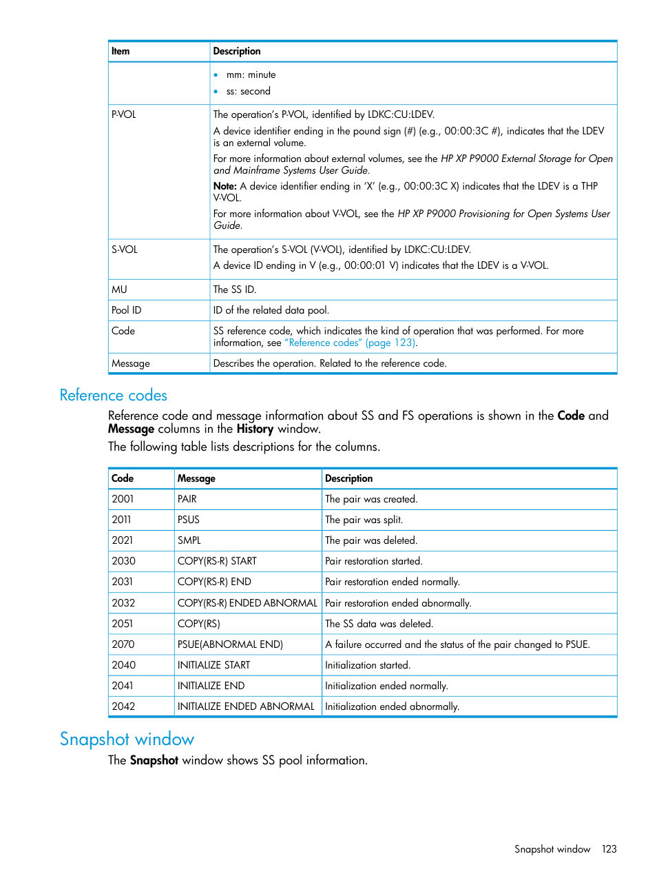 Reference codes, Snapshot window | HP XP RAID Manager Software User Manual | Page 123 / 129
