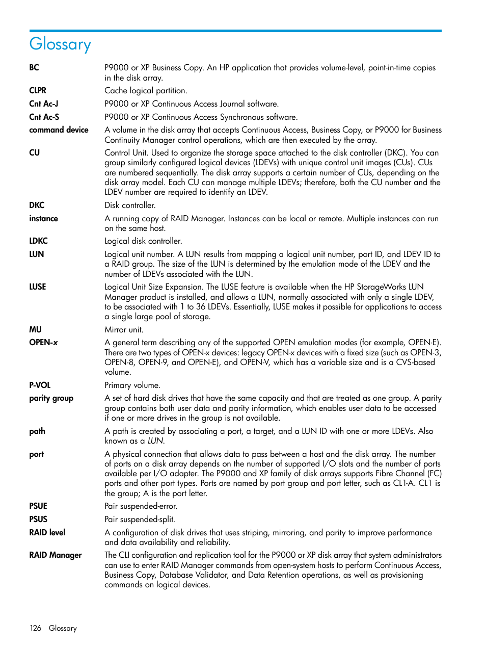 Glossary | HP XP RAID Manager Software User Manual | Page 126 / 129