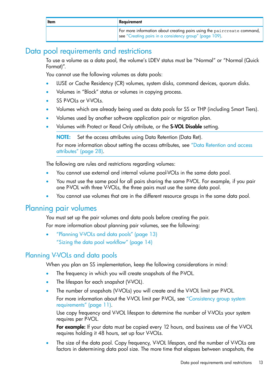 Data pool requirements and restrictions, Planning pair volumes, Planning v-vols and data pools | HP XP RAID Manager Software User Manual | Page 13 / 129