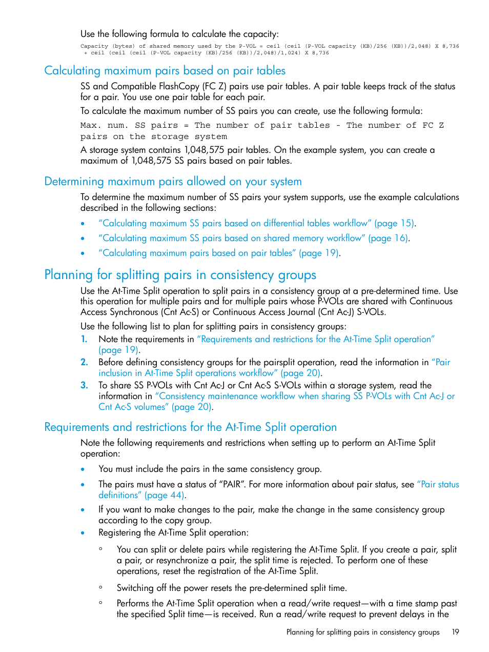 Calculating maximum pairs based on pair tables, Determining maximum pairs allowed on your system, Planning for splitting pairs in consistency groups | Calculating maximum pairs, Determining maximum | HP XP RAID Manager Software User Manual | Page 19 / 129