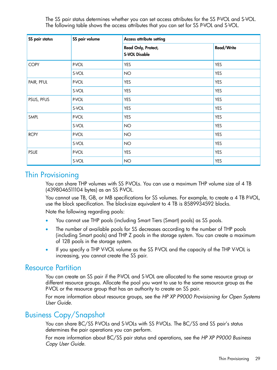 Thin provisioning, Resource partition, Business copy/snapshot | HP XP RAID Manager Software User Manual | Page 29 / 129