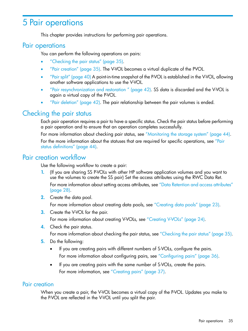 5 pair operations, Pair operations, Checking the pair status | Pair creation workflow, Pair creation | HP XP RAID Manager Software User Manual | Page 35 / 129