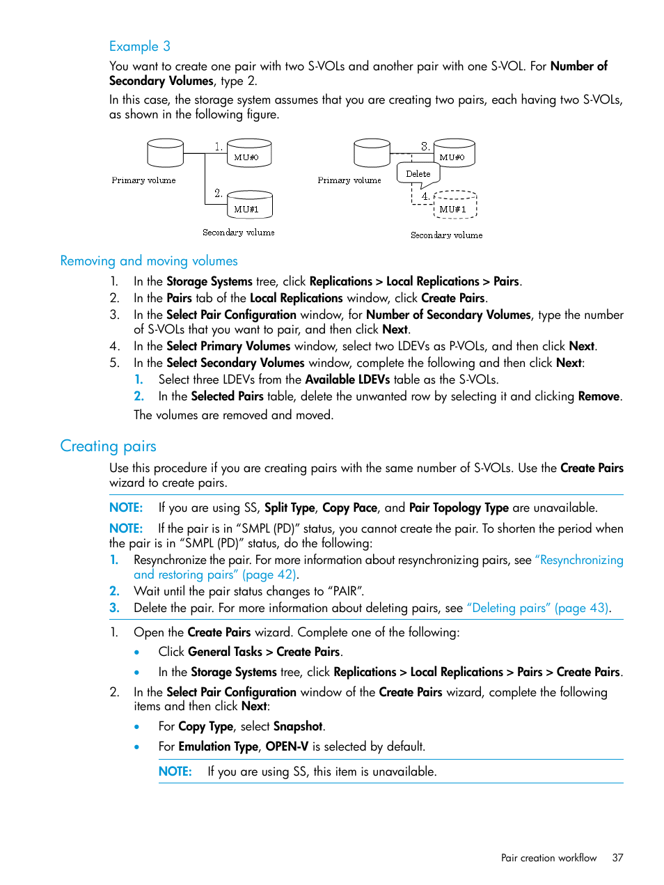 Removing and moving volumes, Creating pairs | HP XP RAID Manager Software User Manual | Page 37 / 129