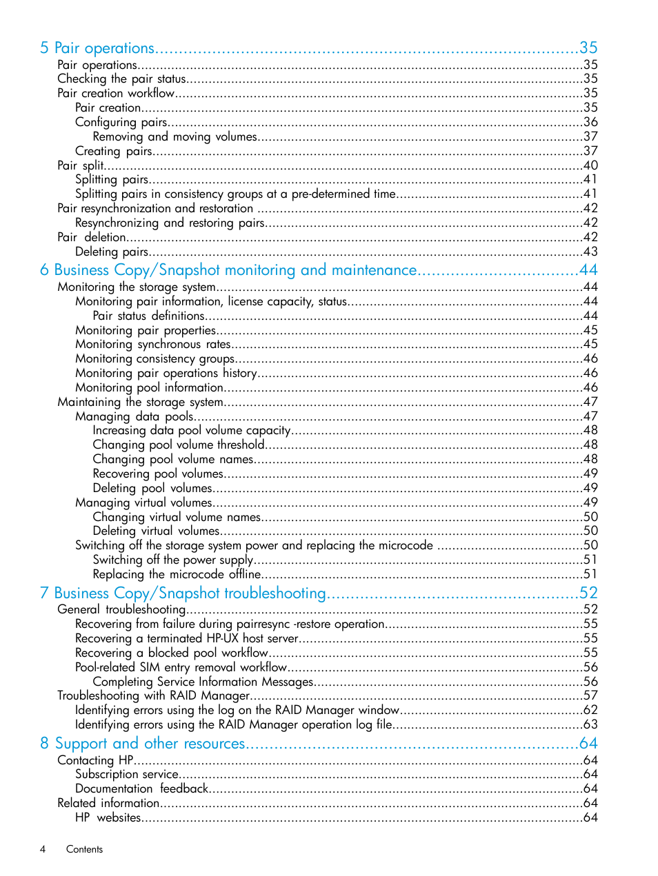 5 pair operations, 7 business copy/snapshot troubleshooting, 8 support and other resources | HP XP RAID Manager Software User Manual | Page 4 / 129