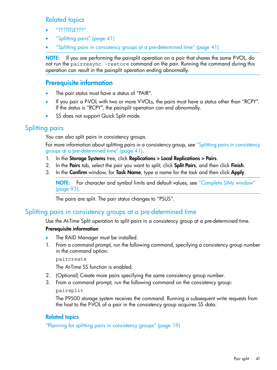 Splitting pairs, Splitting pairs in, Related topics | Prerequisite information | HP XP RAID Manager Software User Manual | Page 41 / 129