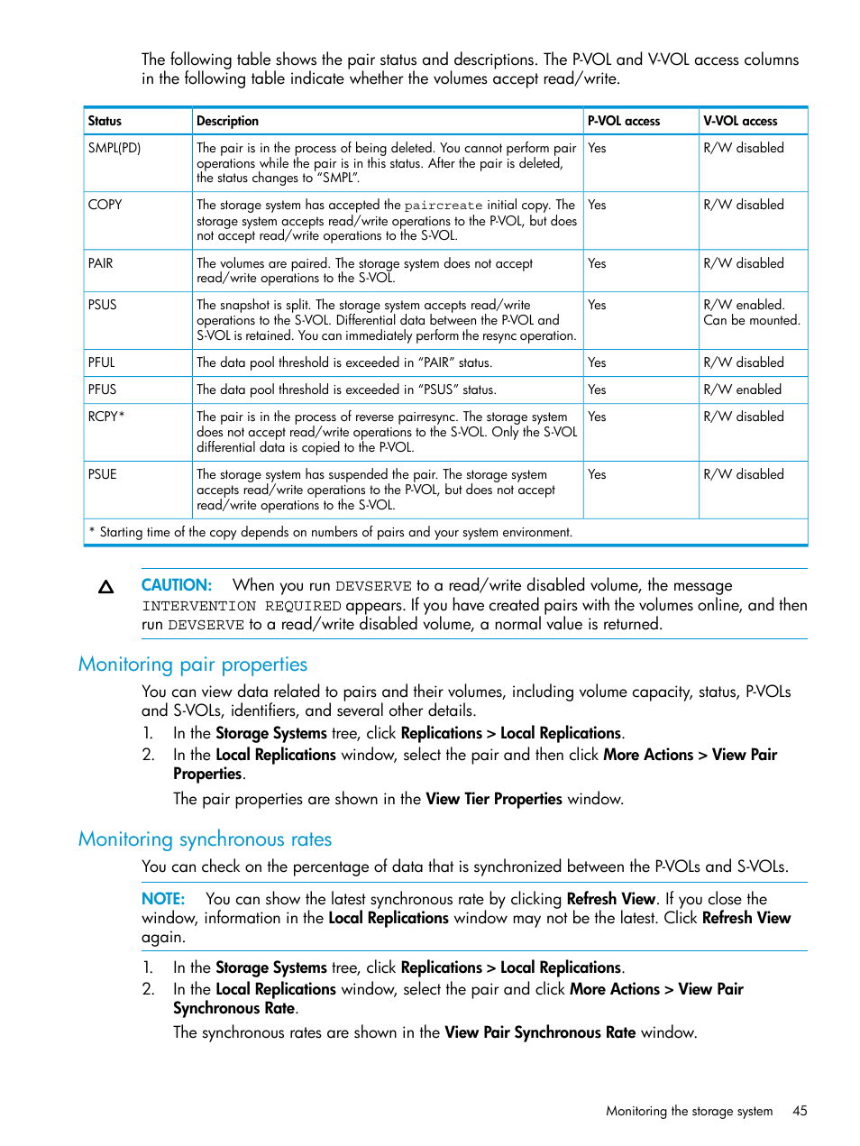 Monitoring pair properties, Monitoring synchronous rates | HP XP RAID Manager Software User Manual | Page 45 / 129