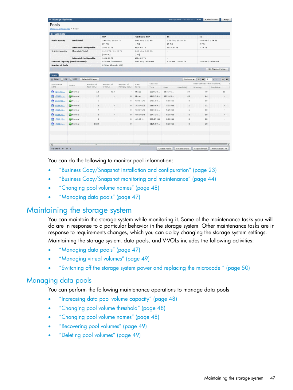 Maintaining the storage system, Managing data pools | HP XP RAID Manager Software User Manual | Page 47 / 129