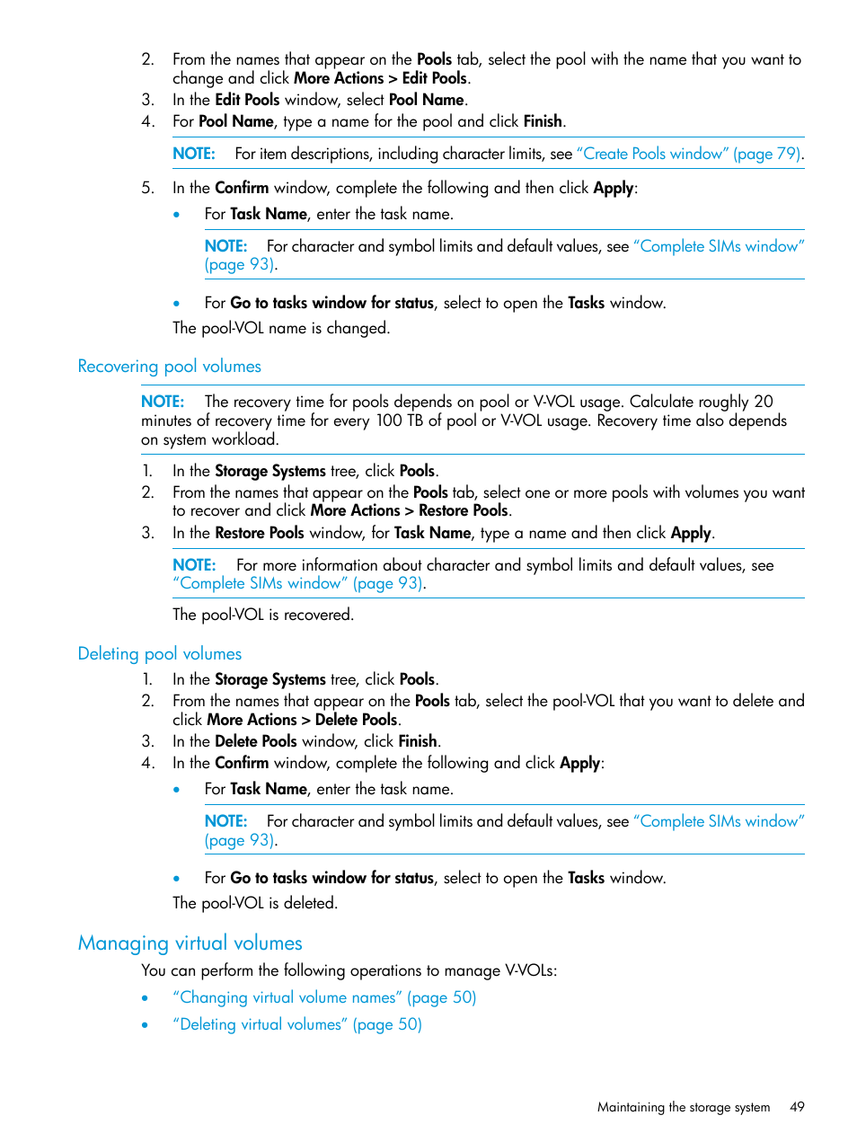 Recovering pool volumes, Deleting pool volumes, Managing virtual volumes | Recovering pool volumes deleting pool volumes | HP XP RAID Manager Software User Manual | Page 49 / 129