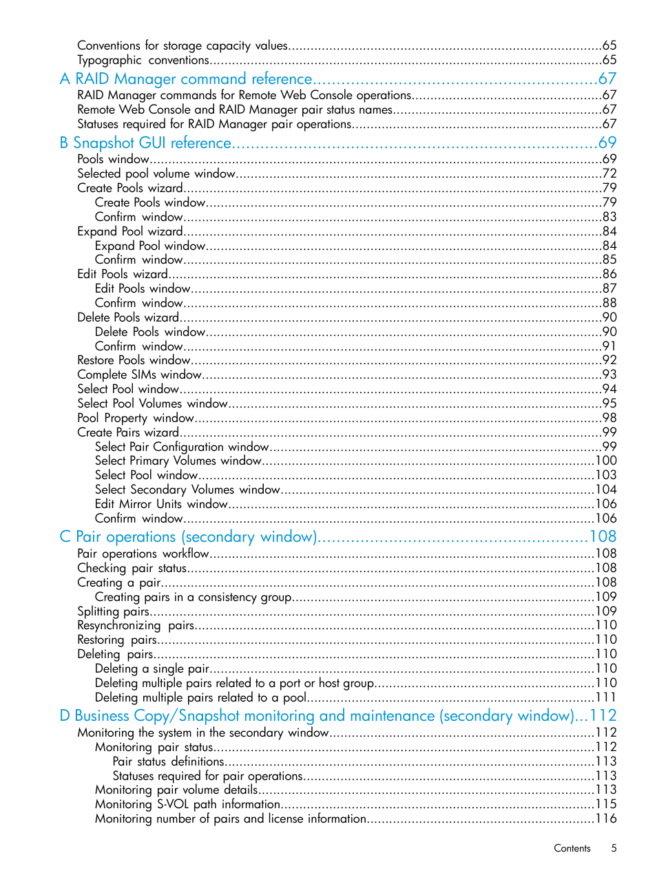 A raid manager command reference, B snapshot gui reference, C pair operations (secondary window) | HP XP RAID Manager Software User Manual | Page 5 / 129