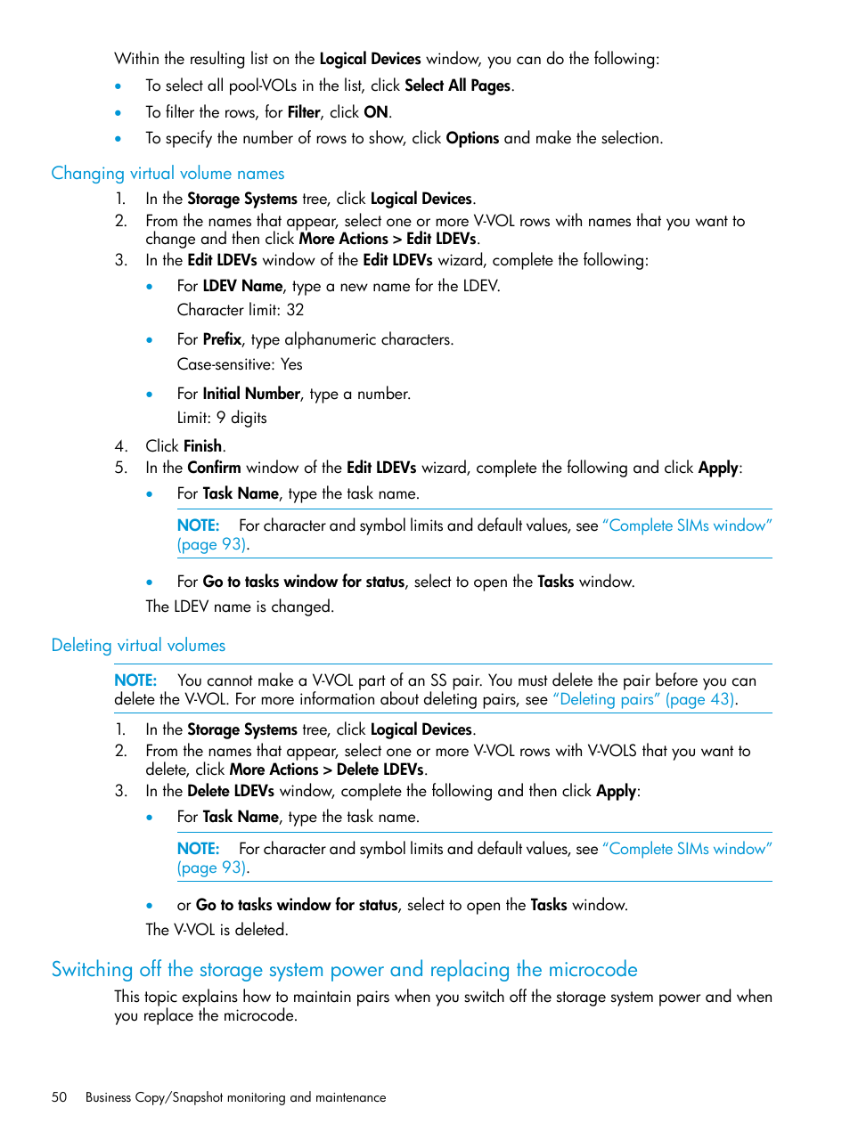 Changing virtual volume names, Deleting virtual volumes | HP XP RAID Manager Software User Manual | Page 50 / 129