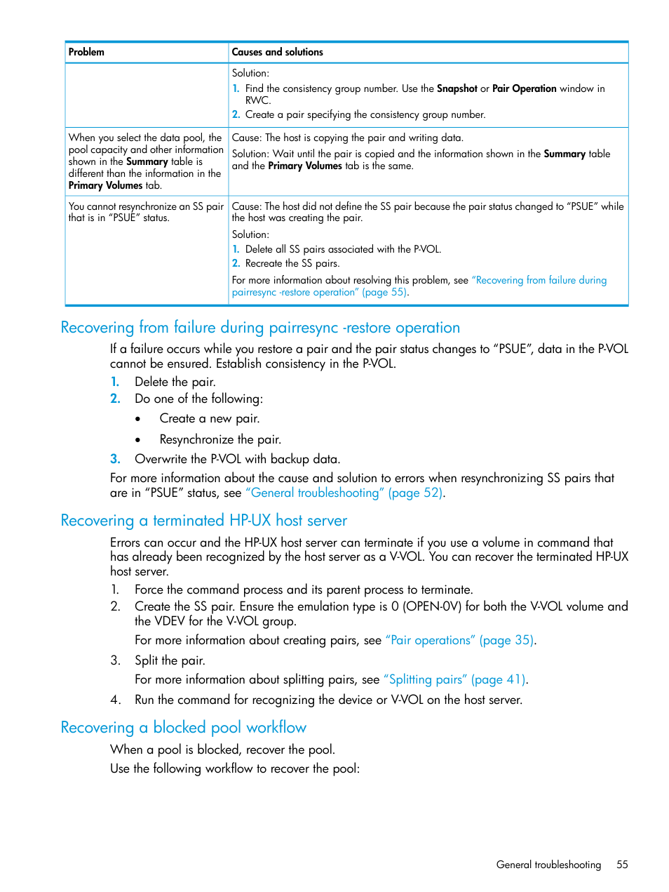 Recovering a terminated hp-ux host server, Recovering a blocked pool workflow, Recovering a blocked pool | HP XP RAID Manager Software User Manual | Page 55 / 129