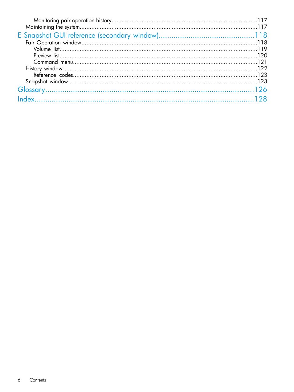 E snapshot gui reference (secondary window), Glossary index | HP XP RAID Manager Software User Manual | Page 6 / 129