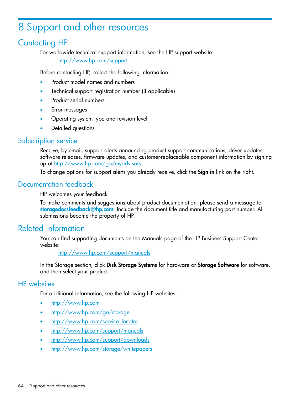 8 support and other resources, Contacting hp, Subscription service | Documentation feedback, Related information, Hp websites, Subscription service documentation feedback | HP XP RAID Manager Software User Manual | Page 64 / 129