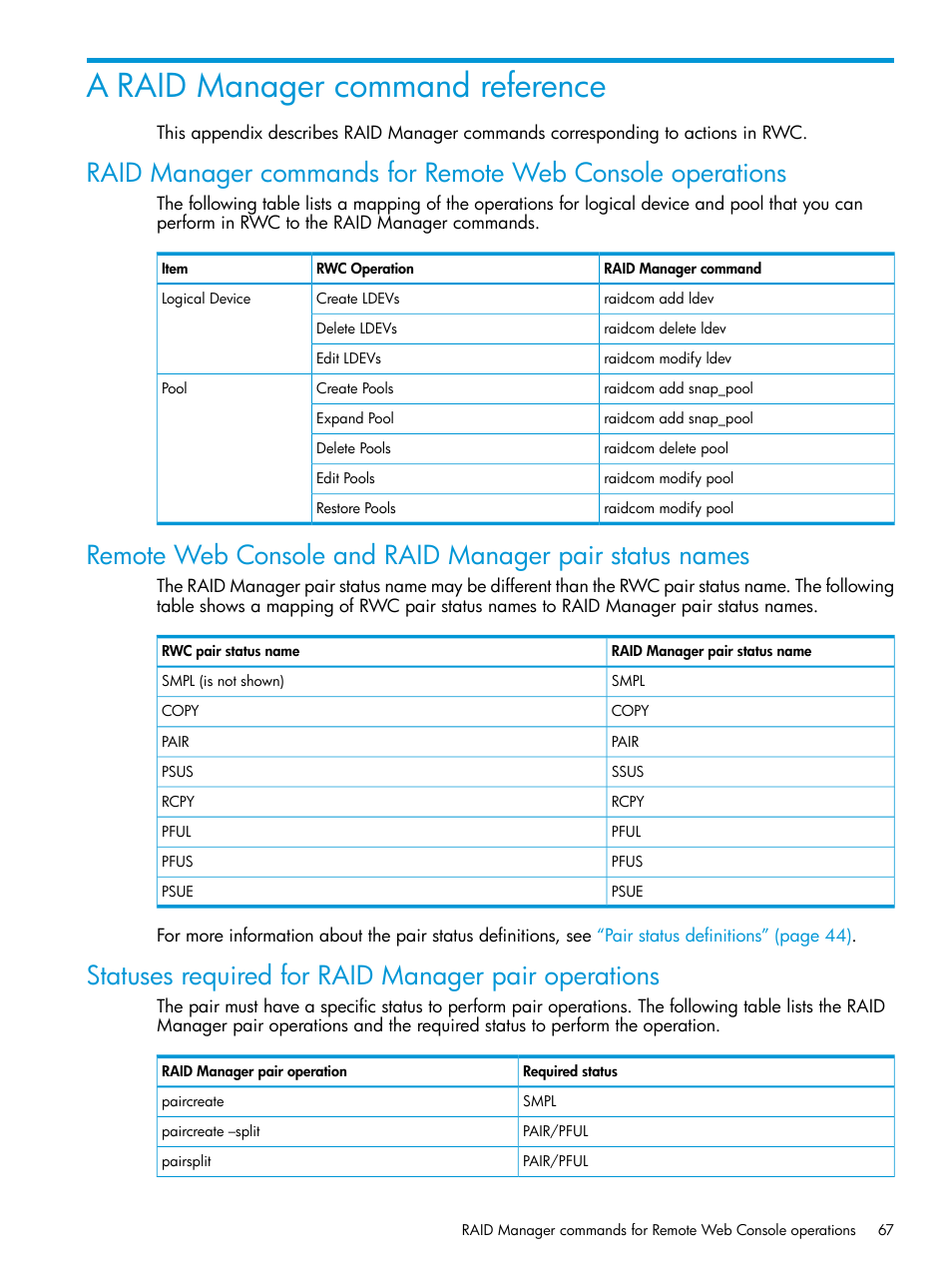 A raid manager command reference, Statuses required for raid manager pair operations, Statuses required for raid manager pair | Remote | HP XP RAID Manager Software User Manual | Page 67 / 129