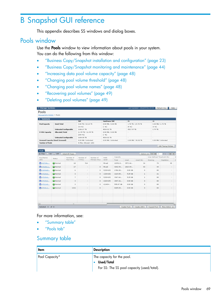 B snapshot gui reference, Pools window, Summary table | HP XP RAID Manager Software User Manual | Page 69 / 129