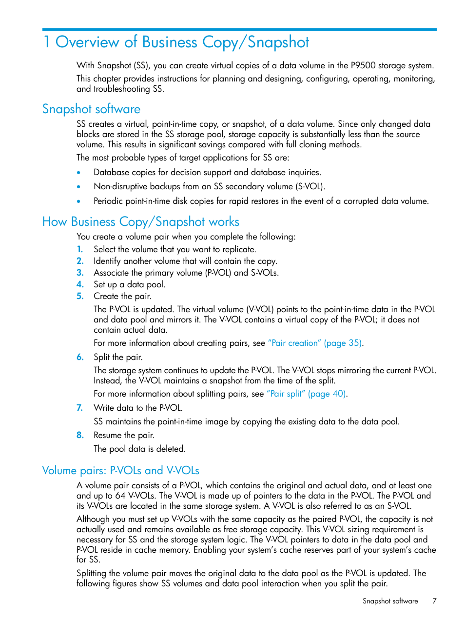 1 overview of business copy/snapshot, Snapshot software, How business copy/snapshot works | Volume pairs: p-vols and v-vols, Snapshot software how business copy/snapshot works | HP XP RAID Manager Software User Manual | Page 7 / 129