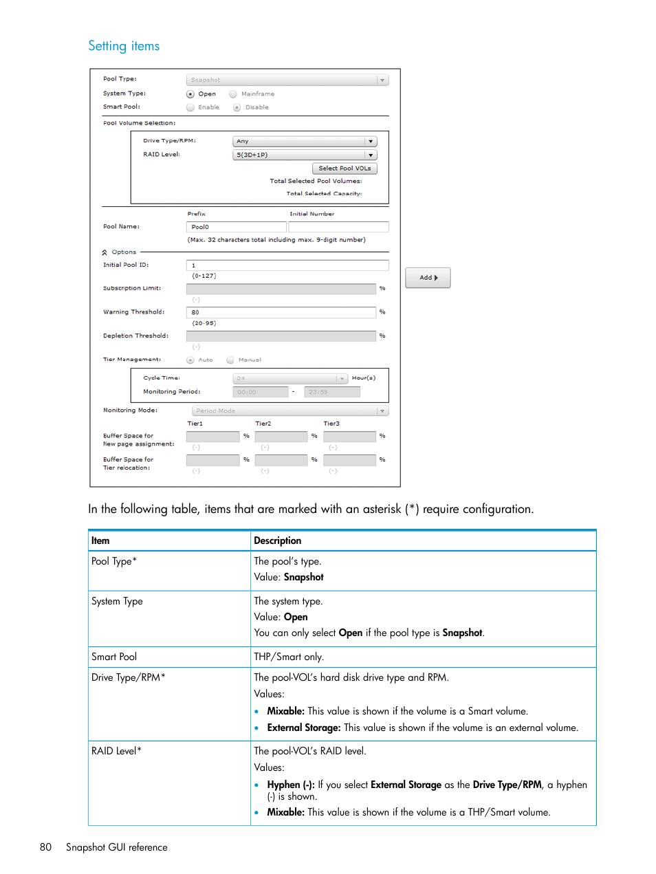 Setting items | HP XP RAID Manager Software User Manual | Page 80 / 129