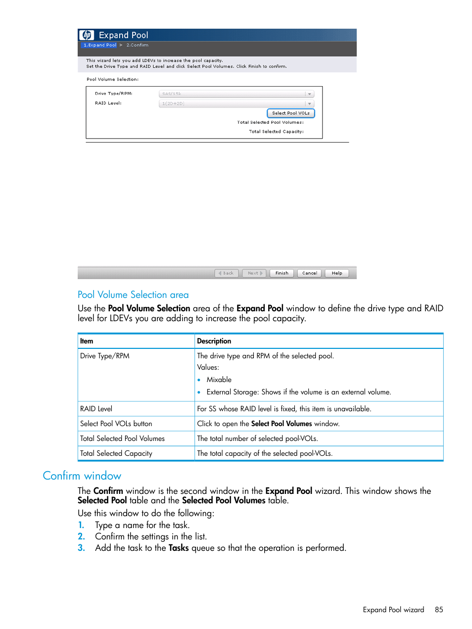 Confirm window, Pool volume selection area | HP XP RAID Manager Software User Manual | Page 85 / 129