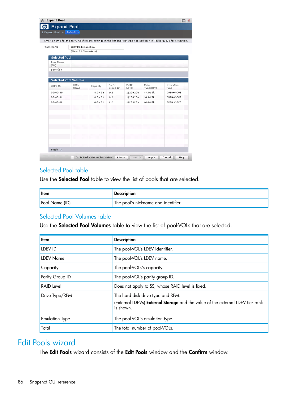 Edit pools wizard, Selected pool table, Selected pool volumes table | HP XP RAID Manager Software User Manual | Page 86 / 129