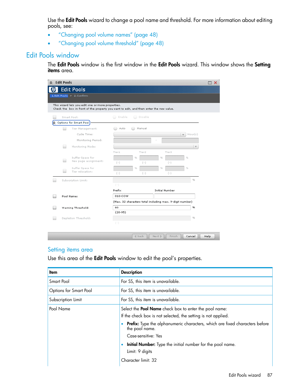 Edit pools window, Setting items area | HP XP RAID Manager Software User Manual | Page 87 / 129