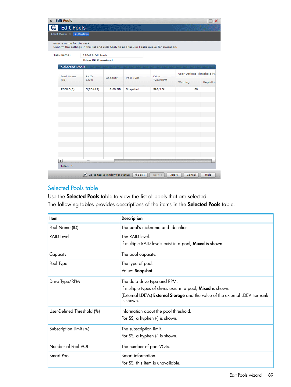Selected pools table | HP XP RAID Manager Software User Manual | Page 89 / 129