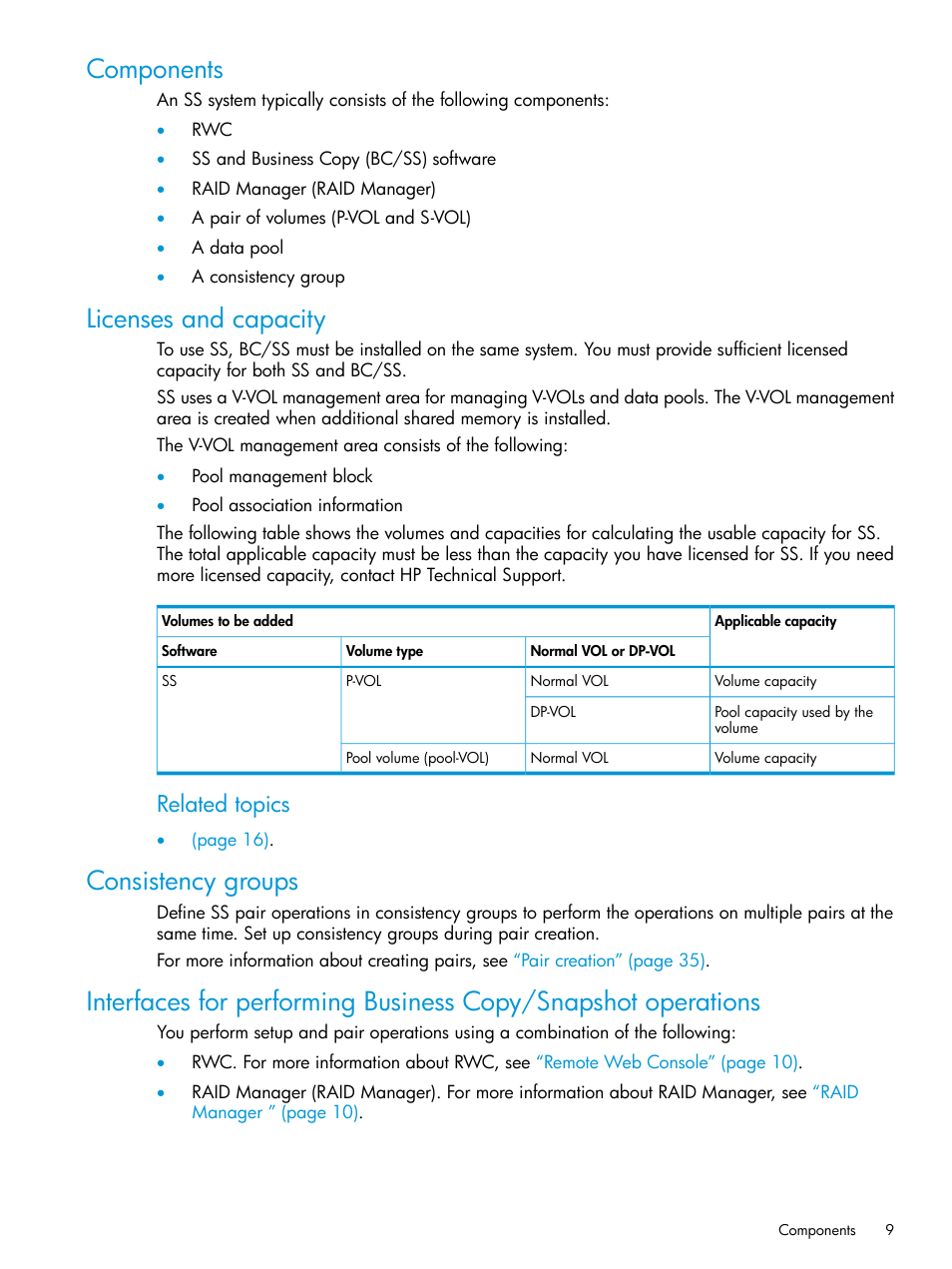 Components, Licenses and capacity, Consistency groups | Related topics | HP XP RAID Manager Software User Manual | Page 9 / 129