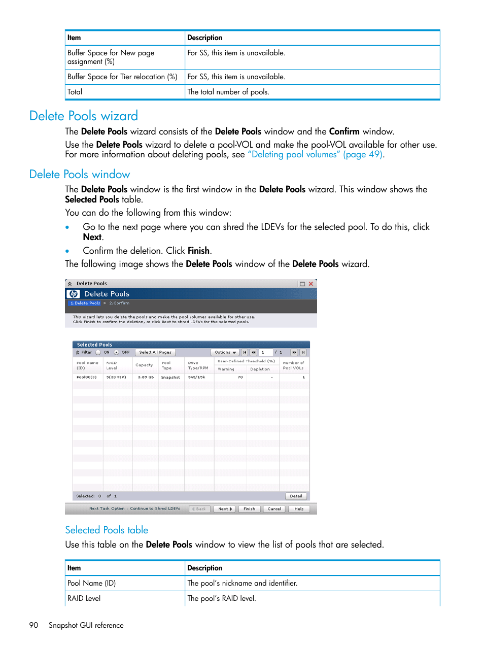 Delete pools wizard, Delete pools window | HP XP RAID Manager Software User Manual | Page 90 / 129