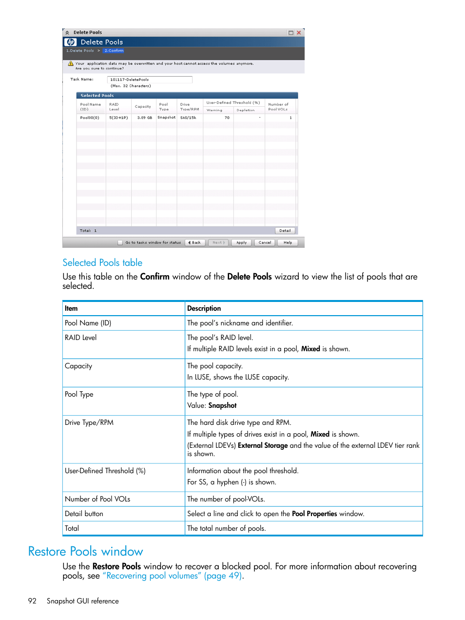 Restore pools window, Selected pools table | HP XP RAID Manager Software User Manual | Page 92 / 129