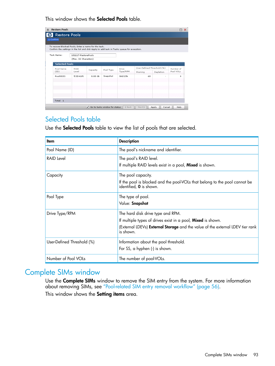 Complete sims window, Selected pools table | HP XP RAID Manager Software User Manual | Page 93 / 129