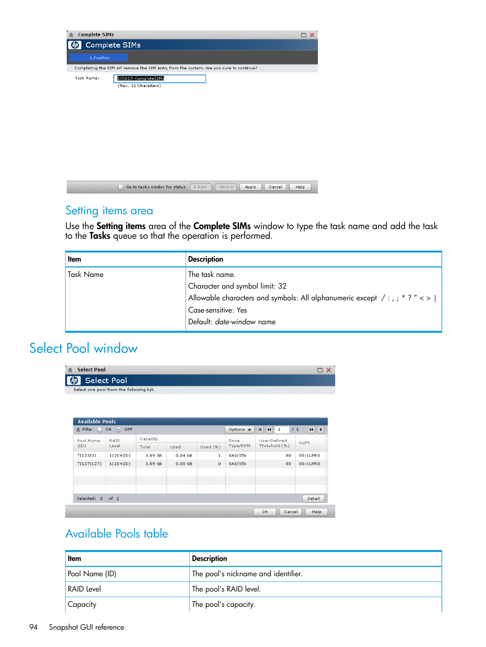 Select pool window, Setting items area, Available pools table | HP XP RAID Manager Software User Manual | Page 94 / 129