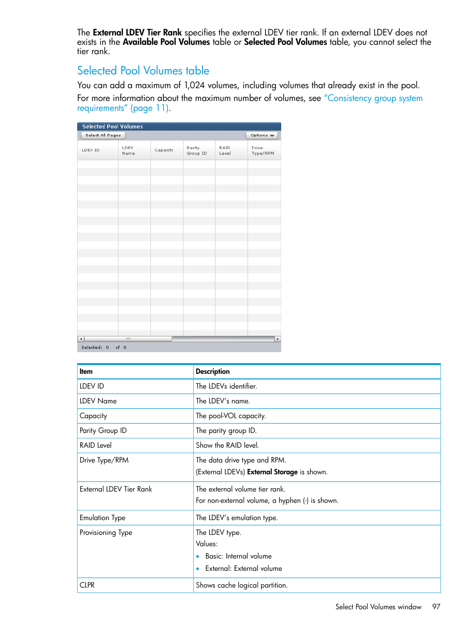 Selected pool volumes table | HP XP RAID Manager Software User Manual | Page 97 / 129