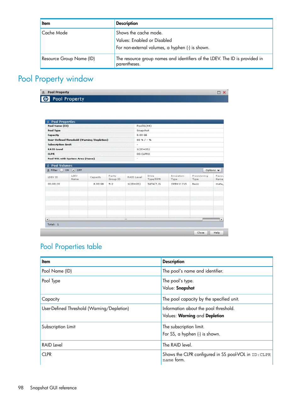 Pool property window, Pool properties table | HP XP RAID Manager Software User Manual | Page 98 / 129