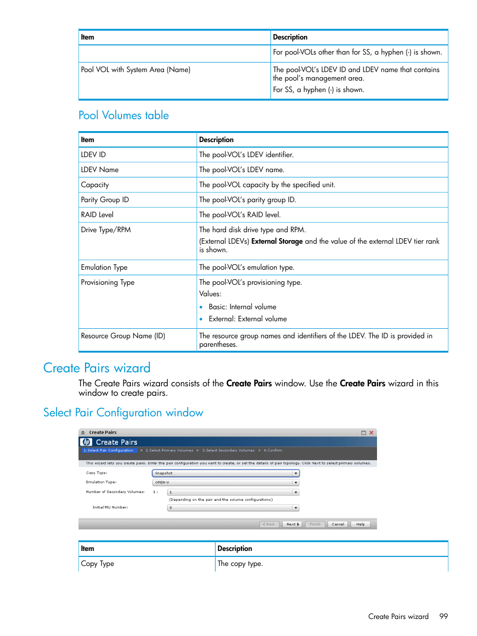 Create pairs wizard, Select pair configuration window, Pool volumes table | HP XP RAID Manager Software User Manual | Page 99 / 129