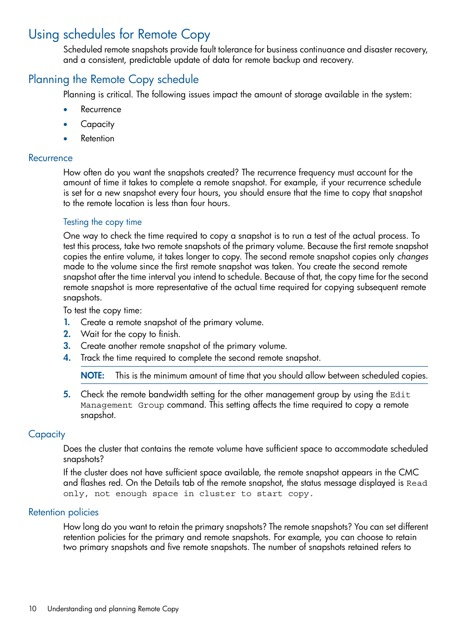 Using schedules for remote copy, Planning the remote copy schedule, Recurrence | Testing the copy time, Capacity, Retention policies, Capacity retention policies | HP LeftHand P4000 Virtual SAN Appliance Software User Manual | Page 10 / 59