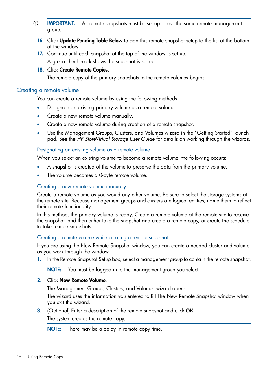 Creating a remote volume, Designating an existing volume as a remote volume, Creating a new remote volume manually | HP LeftHand P4000 Virtual SAN Appliance Software User Manual | Page 16 / 59