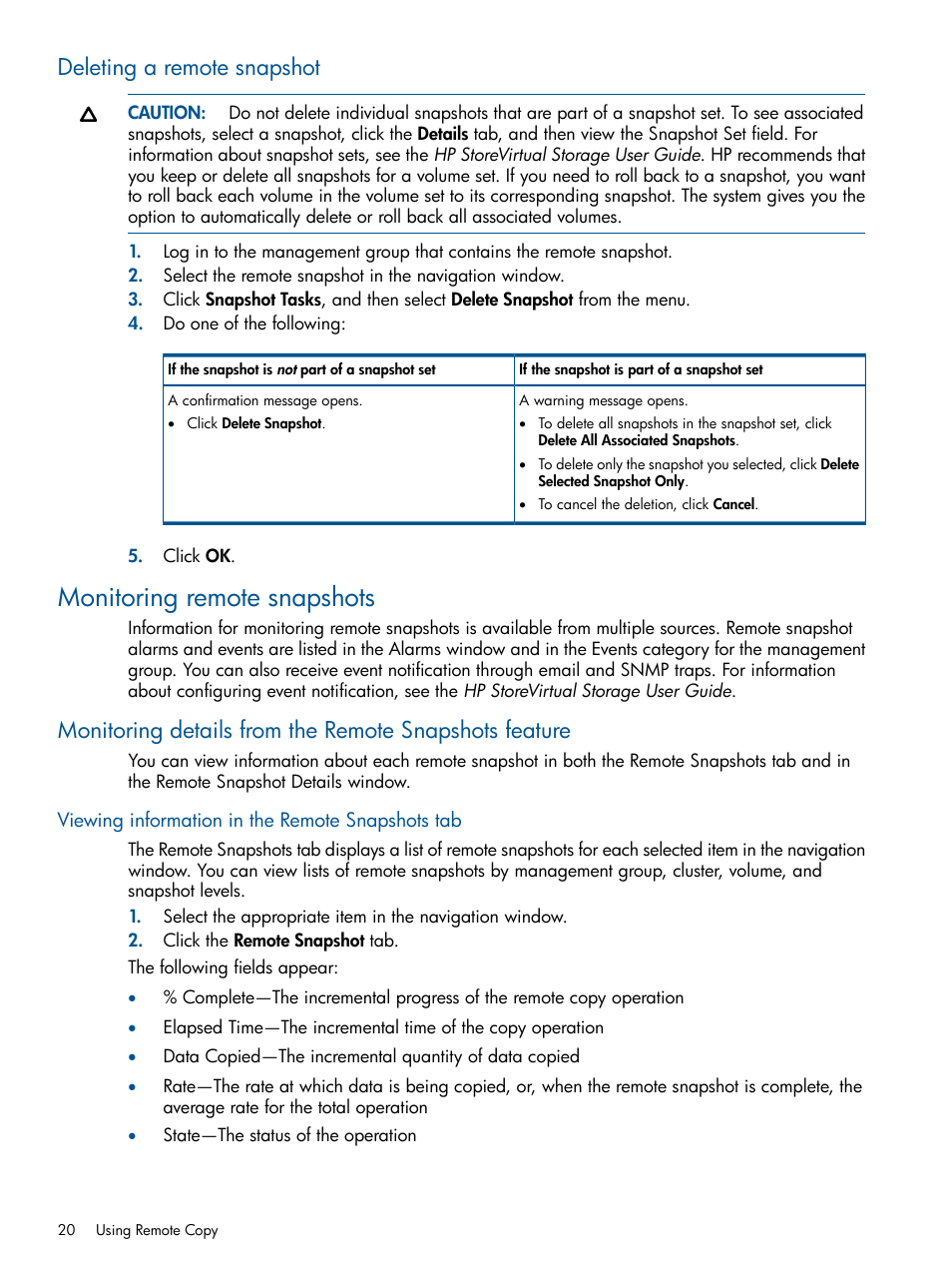 Deleting a remote snapshot, Monitoring remote snapshots, Viewing information in the remote snapshots tab | HP LeftHand P4000 Virtual SAN Appliance Software User Manual | Page 20 / 59