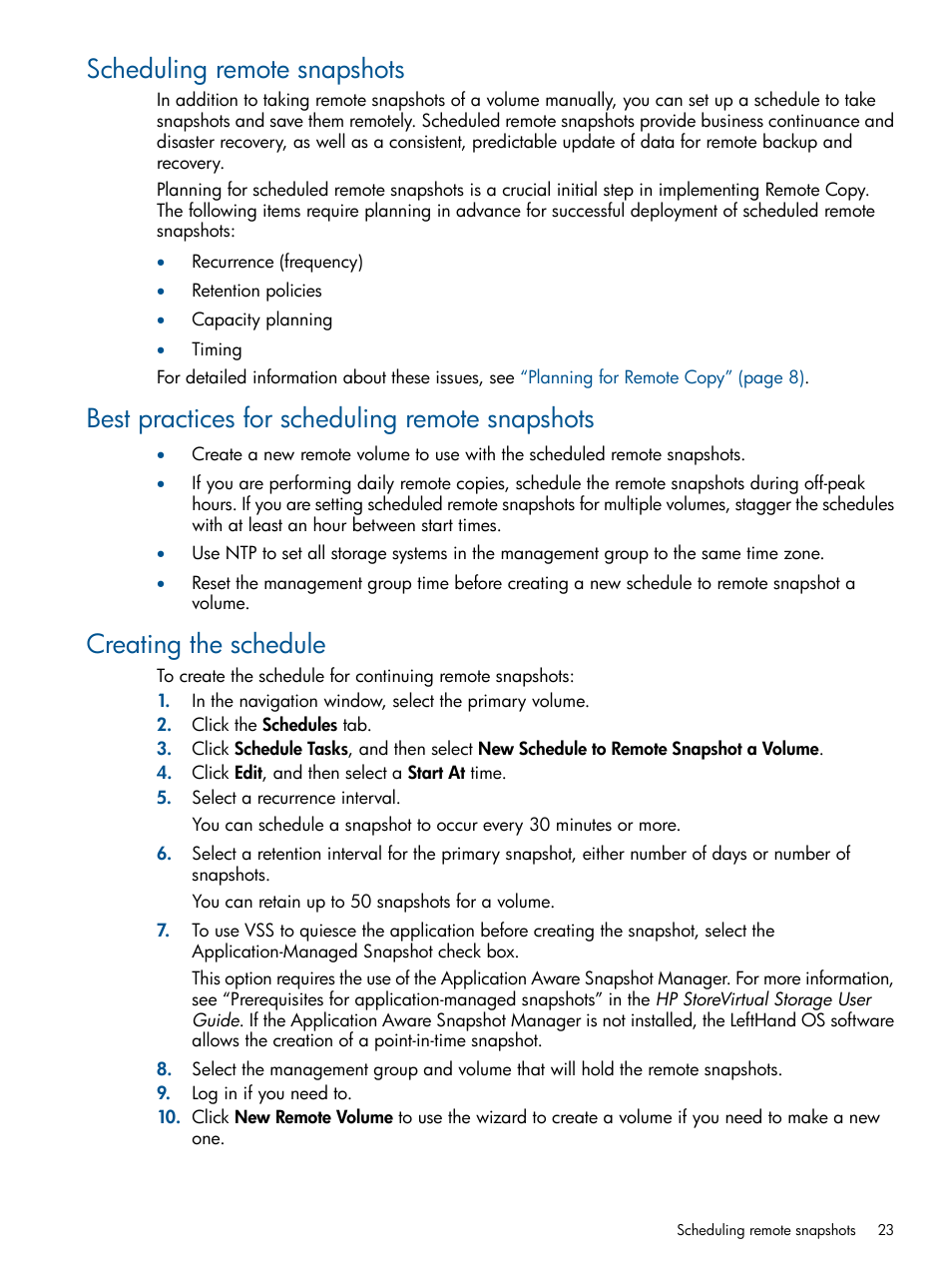 Scheduling remote snapshots, Best practices for scheduling remote snapshots, Creating the schedule | HP LeftHand P4000 Virtual SAN Appliance Software User Manual | Page 23 / 59