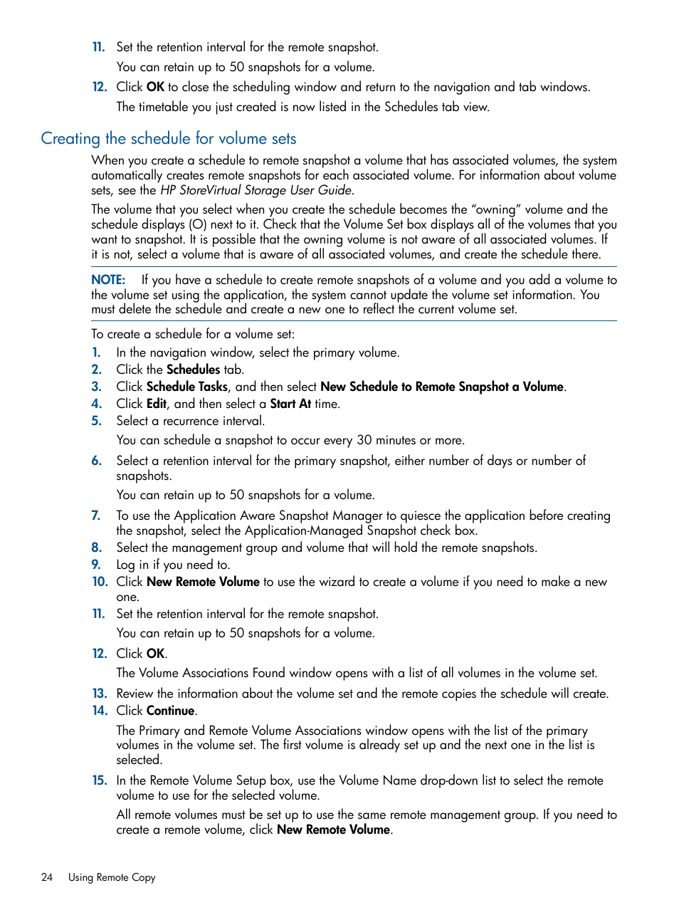 Creating the schedule for volume sets | HP LeftHand P4000 Virtual SAN Appliance Software User Manual | Page 24 / 59