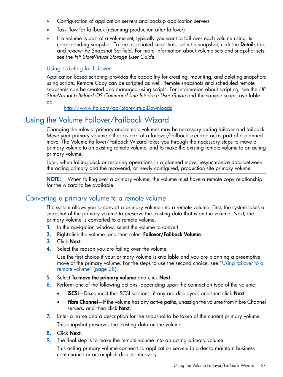 Using the volume failover/failback wizard, Converting a primary volume to a remote volume | HP LeftHand P4000 Virtual SAN Appliance Software User Manual | Page 27 / 59