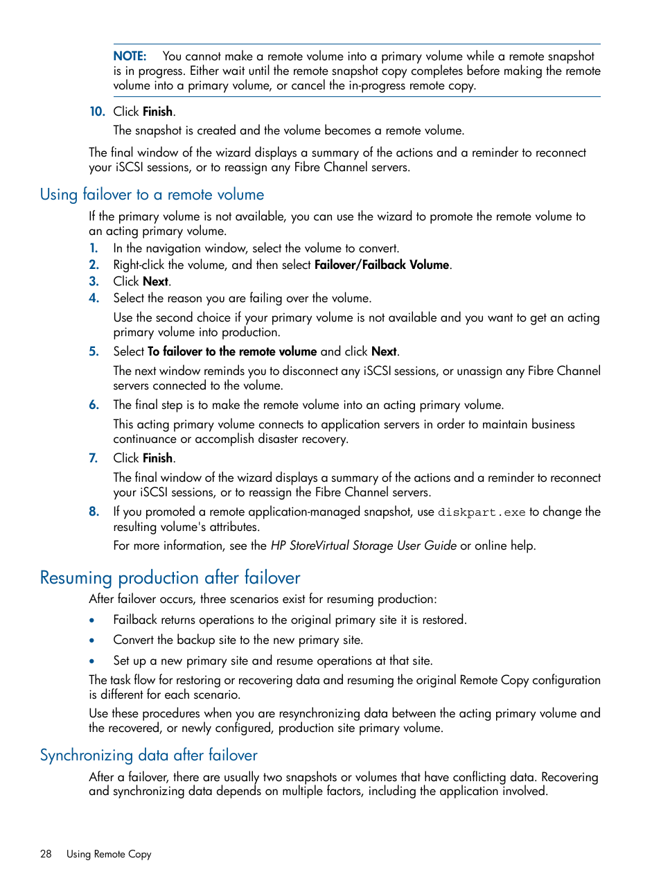 Using failover to a remote volume, Resuming production after failover, Synchronizing data after failover | HP LeftHand P4000 Virtual SAN Appliance Software User Manual | Page 28 / 59