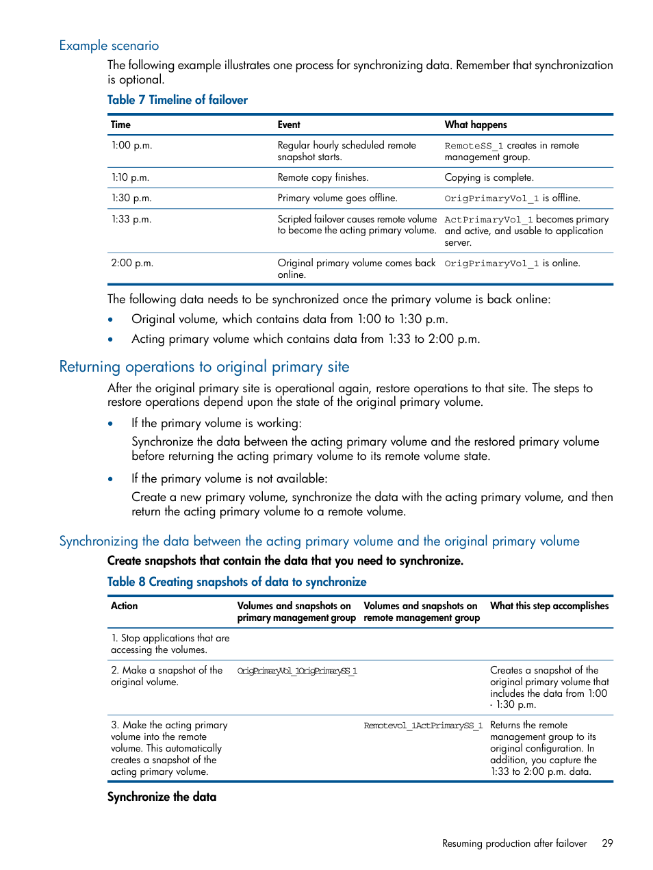 Example scenario, Returning operations to original primary site | HP LeftHand P4000 Virtual SAN Appliance Software User Manual | Page 29 / 59