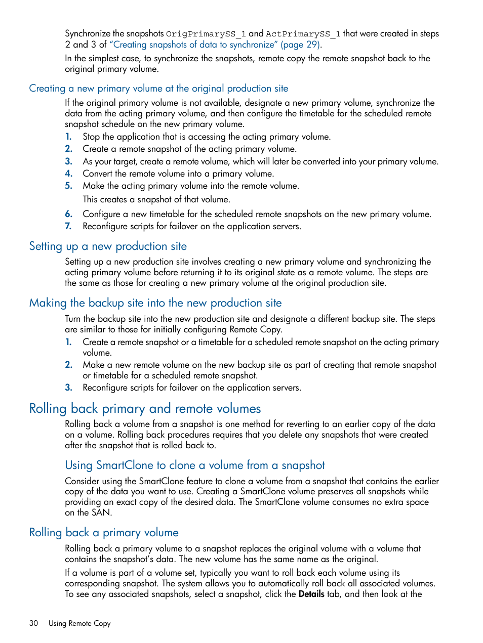 Setting up a new production site, Rolling back primary and remote volumes, Rolling back a primary volume | Using smartclone to clone a volume from a snapshot | HP LeftHand P4000 Virtual SAN Appliance Software User Manual | Page 30 / 59
