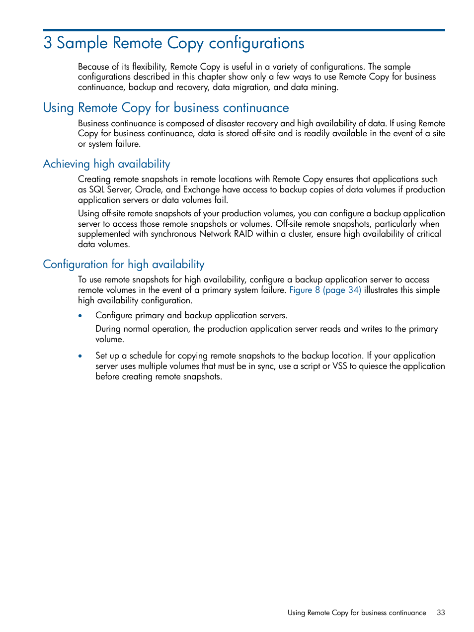 3 sample remote copy configurations, Using remote copy for business continuance, Achieving high availability | Configuration for high availability | HP LeftHand P4000 Virtual SAN Appliance Software User Manual | Page 33 / 59